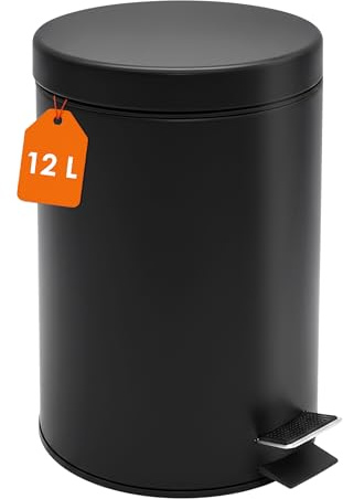 Spetebo Edelstahl Tretmülleimer rund schwarz matt 39 x 25 cm - 12 L | Mit Deckel, Metall mit Fußpedal, Entnehmbarer Inneneimer, Für Bad Küche Büro