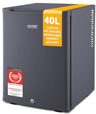 TZS First Austria - Mini Kühlschrank 40L lautlos & abschließbar - Kleiner Minikühlschrank, wechselbarer Türanschlag & Innenbeleuchtung - Minibar für Camping, Büro, Schlafzimmer & Hotel - Anthrazit