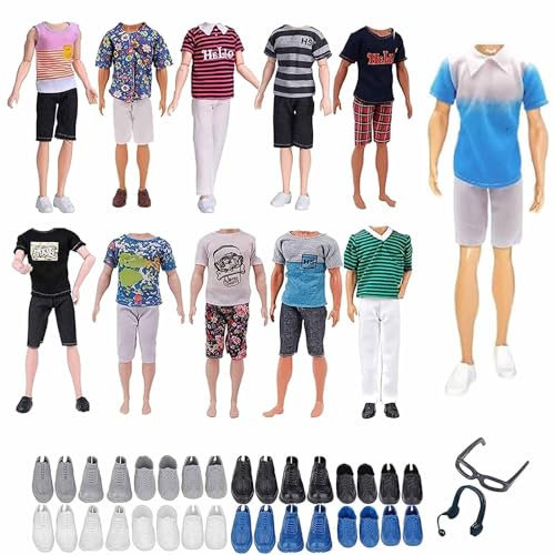 Carreuty 11 Stück Kleidung und Zubehör für 12 Zoll Puppen: 3 Kurze Ärmel + 3 Kurze Hosen + 3 Schuhen + 1 Brille + 1 Kopfhörer, Casual Sporty