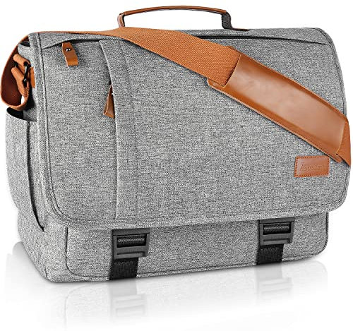 Estarer Laptop Messenger Shoulder Bag 17.3 Inch Mens Water Resistant Canvas Satchel Briefcase for Work Office (Light Grey)