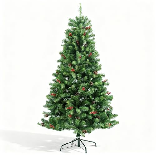 8Ft/2.4m Artificial Christmas Tree Maryland Fir Green Pine Tips Decorated with Red Berries and Pine Cones Xmas Home Decorations Metal Stand