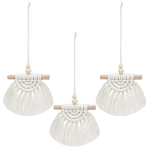 WEBEEDY 3 Stück Mini Makramee Wandbehang Dekor Kleine Makramee Auto Anhänger Boho Makramee Wandbehang Gewebte Tapisserie Quaste Wandbehang für Wohnung Schlafzimmer Wohnzimmer Rückspiegel