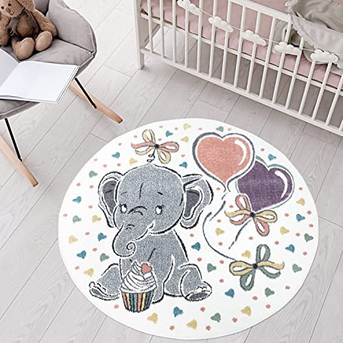 carpet city Teppich Kinderzimmer Tier-Motiv 120 cm Rund - Creme, Grau - Runder Kinderteppich Kurzflor mit Elefant, Herzen - Weicher Flor