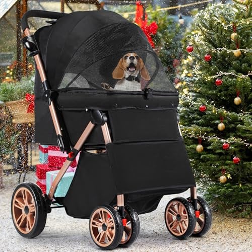 YITAHOME Hundewagen Hundebuggy Bis 20kg, mit Aufbewahrungskorb, 4 Rädern, Faltbarer Katzenwagen, Tragbarer Haustier Kinderwagen, Leicht, Praktisch, Abnehmbar (Schwarz)