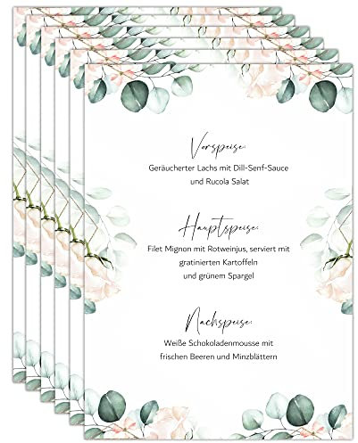 Kackspecht Menu Blanko Menükarten im Boho Design | 15 Stück DIN A5 | Individuell anpassbare Speisekarten und Getränkekarten für die Hochzeit und andere Anlässe | Tischdeko