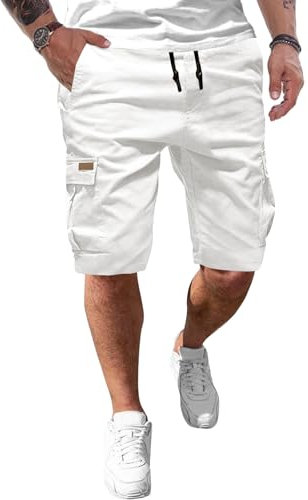 JMIERR Kurze Hosen Herren Baumwolle Cargo Shorts Herren Sommer Freizeithose mit Taschen Weiß XL
