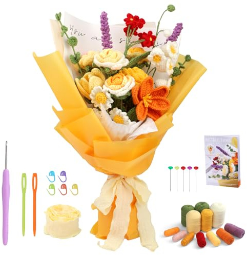 Iuuidu Häkelset für Anfänger, Blumenstrauß Häkelset Rose, Strick-Starter-Kit mit Häkelgarn und Schritt-für-Schritt-Anleitung für Geburtstag, Hochzeitstag Geschenk