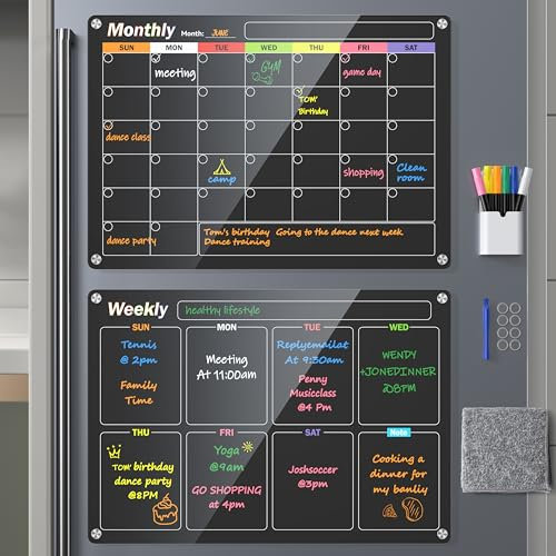 Bailkind Acrylic Magnetic Dry Erase Board for Fridge, 2-Pack Monthly & Weekly Calendar Planner Note Blackboard Set for Refrigerator/Wall/Glass/Kitchen, 6 Colors Markers (17x12)