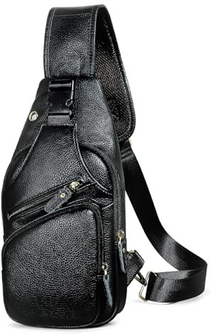 Wasserfeste Leinwand + Leder Wandern Reisen Tagesrucksack Sling Crossbody Dreieck Brust Pack Tasche für Männer Frauen FB8013 (100% Echtleder-8015-C- Schwarz)