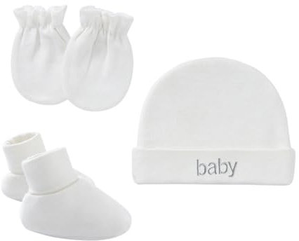 EBHO Set di 3 Cappellino Neonato 0-3 Mesi,Cappellino per Ragazzi Ragazze e Paia Guanti da Neonato, Muffole Neonati Cotone, Adatto a Tutte Le Stagioni, Neonati da 0 a 6 Mesi