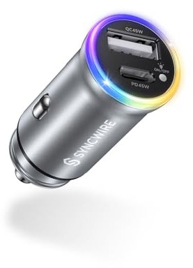 SYNCWIRE USB-C-Autoladegerät [PD45W & QC45W] Zigarettenanzünder USB Typ-C Ladegerät Buntes RGB-Autoadapter Schnellladung Kompatibel mit iPhone 15 Pro Max 14 13 12 11, Samsung S23, Google, Silber