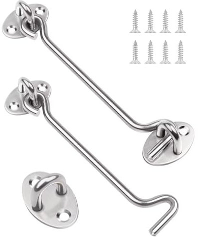 Leryati 6 Inch Hook and Eye Latch, 2Pcs 150mm Silver Gate Hook Stainless Steel Cabin Hooks, Eye Latch Door Lock Hooks Lock, Apply to Wooden Gates, Window Brace Gate Door Catch