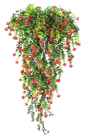 HBell 2Pcs Artificial Hanging Flowers,UV-Resistant Fake Hanging Plants Flower Bouquet Hanging Vine Plants Drooping Plants for Wall Home Garden Yard Patio Wedding Indoor Outdoor Decoration (Red)