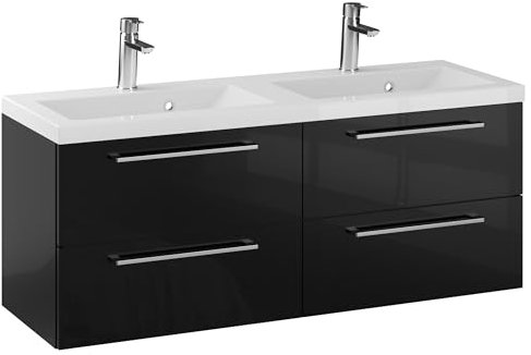 Furni Rosen 120 cm Hängend Doppelt Badezimmerschrank mit 2 Waschbecken und Eleganten und Chromgriffen Waschbeckenunterschrank Badezimmer Waschtisch mit Unterschrank Waschtischunterschrank