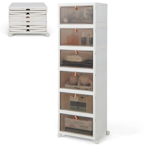 GOPLUS Caja de Zapatos Plegable, Organizador Zapatos Transparente Apilable con Tapa, Puerta Magnética y Ruedas, Zapatero Plástico Modular, para Entrada, Recibidor, Dormitorio (6 Niveles)