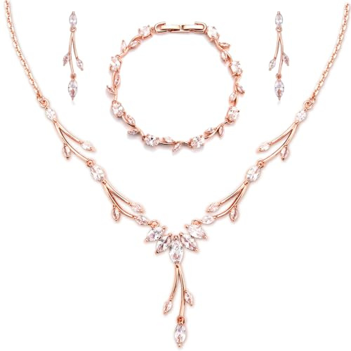 CERSLIMO Parure de bijoux argenté/doré/or rose - Ensemble de bijoux de mariage - Avec zircone cubique 5A - Collier et boucles d'oreilles - Plaqué or blanc - Avec boîte cadeau - Cadeau pour femme