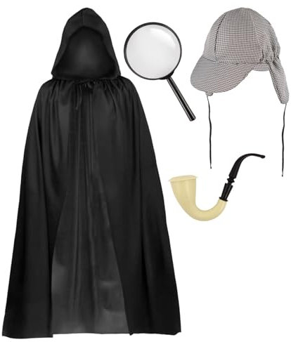 labreeze Sleek Black Hooded Cape Detective Costume Set - Includes Hat, Magnifying Glass, and Pipe for a Mysterious and Elegant Halloween Look