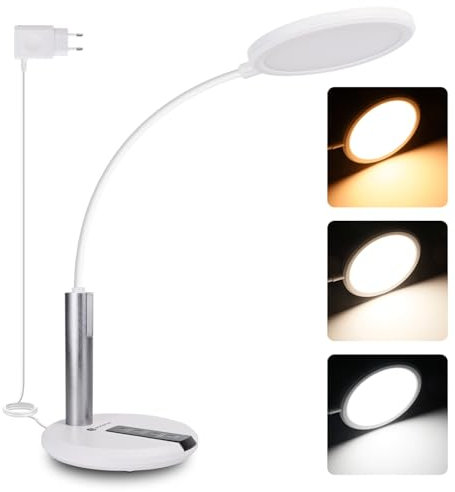 Aigostar Lampara Escritorio, Flexo LED Escritorio con Cable, Dos Fuentes de Luz, Ajuste Flexible de 360°, Ajuste de Brillo y Temperatura de Color, con Cable de 130 cm, Función de Memoria, Blanco