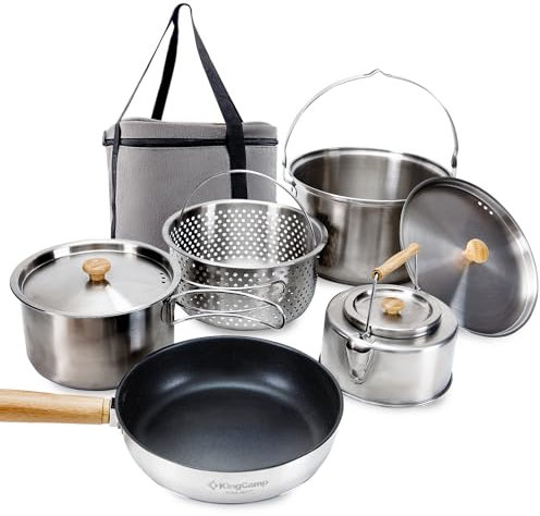 KingCamp Camping-Kochgeschirr-Set, 304 Edelstahl, Lagerfeuer, Kochtöpfe, Pfanne und Wasserkocher, mit Reisetasche, für Camping, Outdoor, Küche, Kochen, Picknick, für 4–6 Personen