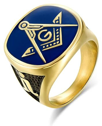 XJruixi Vintage Blau Gold Farbe Freimaurer Herrenring Titanstahl Retro Punk Ring Hip Hop Bruderschaft Ring Maurer Männlicher Schmuck
