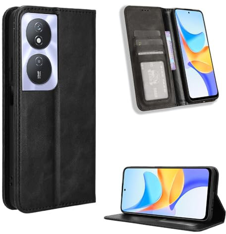 COMAKU Funda de Retro Piel para el Honor 90 Smart, Prima Carcasa Movil con Ranura para Tarjeta - Negro
