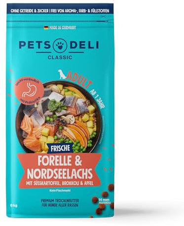 Pets Deli Trockenfutter für Hunde Forelle & Nordseelachs mit Süßkartoffel, Brokkoli & Apfel - ohne Zucker und Gluten, 6kg