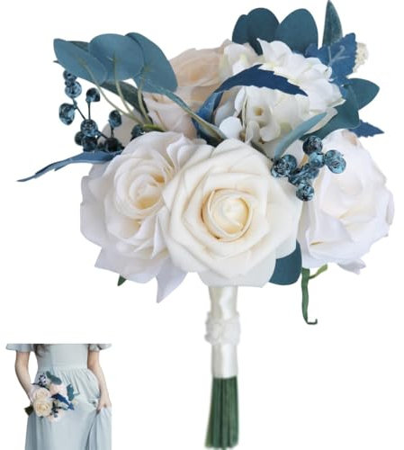 Huilimei Bouquet da sposa con piccole rose blu pavone artificiale bouquet da sposa damigella d'onore romantico fiori per cerimonie nuziali e chiesa decorazione della casa