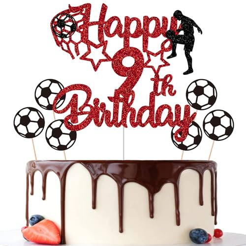 Gidobo 9th Birthday Cake Toppers, Red Glittery Cake Decorations with Football Theme, Nine Years Old Soccer Birthday Party Supplies for Boys