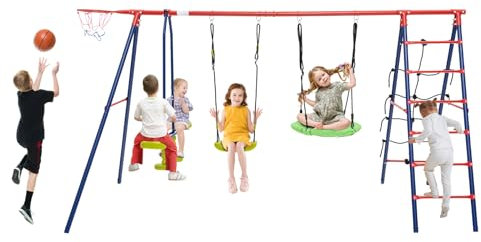 GYMAX Kids Swing Set, Metal Swing A-Frame with 2 Swings, Basketball Hoop, Climbing Rope & Climbing Ladder, Outdoor Children Playground Playset for Garden (Red + Blue, 6 in 1: 336x140x176cm)