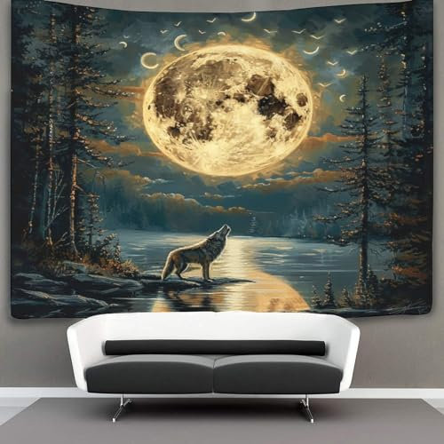 kaiyun Heulender Wolf Wandteppich, Schlafzimmerästhetik Indie Wandteppich, Raumdekoration,Wandteppiche,Wandteppich Full Mond Wandbehang,Wandkunst 150cmx200cm