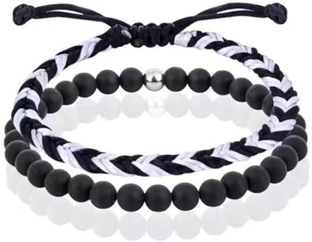 ZENGSING 2 Stück Surfer-Armband Herren Damen, Handmade Surfer Schmuck, Naturstein Surferarmband, Geflochtenes Armband, Hippie Sommer Strand-Schmuck, Verstellbar (Schwarz mattiert)