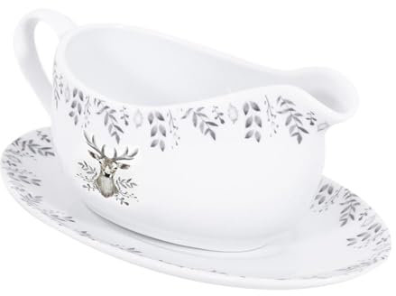 YöL 350ml Gravy Boat Saucer Silver Stag Porcelain Jug Christmas Dinner Setting