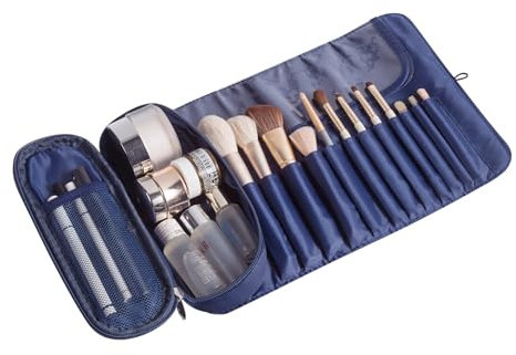 ONEGenug Make-up Pinsel Tasche Kosmetiktasche mit 12 Bürstenhalter Reise Schminktasche Kulturbeutel Makeup Bag Dunkel Blau
