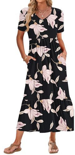AUSELILY Summer Dress Women UK Short Sleeve Empire Waist Maxi Dresses Women Long Sundresses Swing V-Neck Beach Coverup with Pockets Morning Glory M