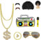 SLshiBo Hip Hop Kostüm 9 Stück Zuhälter Kostüm Gold 80er 90er Rapper Kostüm Zubehör mit Dollar Halskette Goldring Sonnenbrille Aufblasbare Boombox Herren Perücke usw. für Karneval Fasching Mottoparty