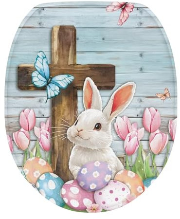 Luarisgur Rabbit Wood Toilet Seat Cover Easter Toilet Seat Lid Covers for Bathroom Christmas Decoration Toilet Lid Cover Elongated Soft and Washable