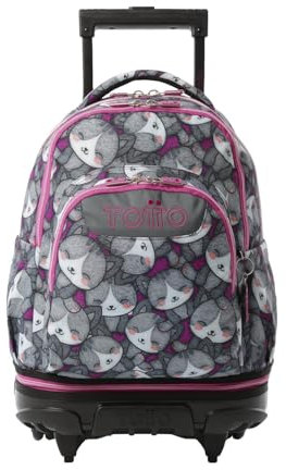 TOTTO - Mochila Escolar con Ruedas Desmontables, Modelo Tiza, Capacidad 26 L, Mochila PC 15.4, Bolsillo Botella, Manija Telescópica, Espaldar Ergonómico y Correas en S, Estampado Kitten Rose