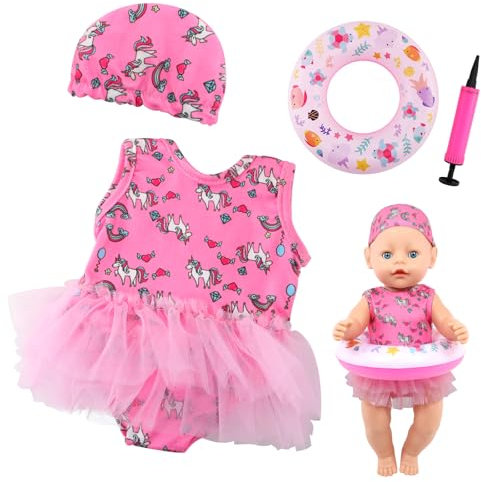 Schwimmset für Puppen Einhorn Puppenkleidung Sommer 4teilig Puppen Badeanzug Set Puppen Kleidung Outfits für 35-45cm Baby Puppen mit Schwimmring Hut Geschenke für Mädchen Jungen Kinder
