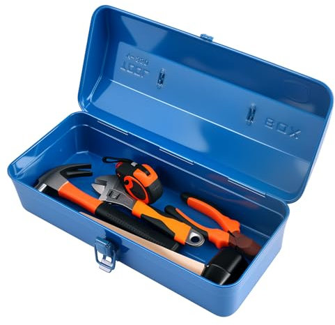 Large Metal Tool Storage Box with Handle for Home, Garage & Workshop, 37×16×12cm Portable Tool Case with Lid Locking Professional Storage Cabinet for Wrenches, Screwdrivers, Small Parts(Blue)