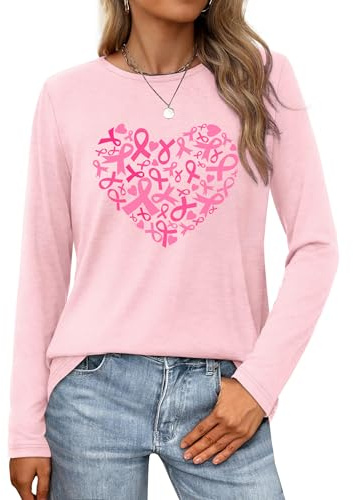 tiorhooe Breast Cancer Long Sleeve Tops Women Heart Pink Ribbon Tshirt Cancer Awareness Tee Tops