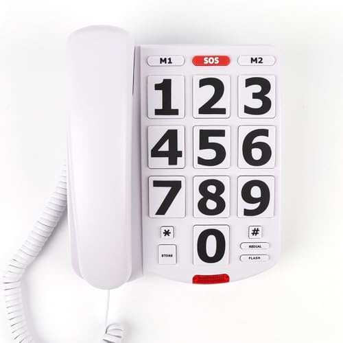 Big Button Phone for Elderly, Landline Telephone for Seniors, Durable House Phone with LED Call Alert, Adjustable Volume and 3 One-Touch Dialing for Elderly People, White