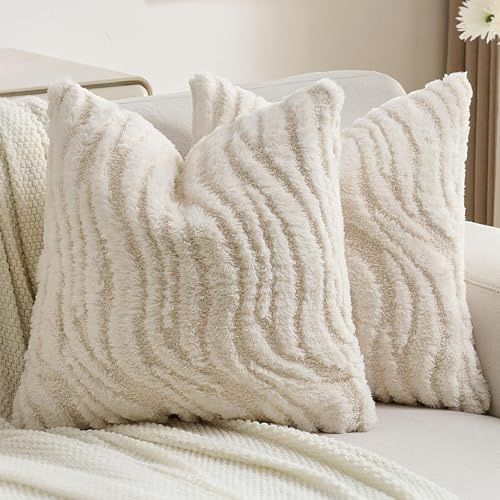 Ystyle 2er Set Kissenbezug 50x50 cm Weich Plüsch, Dekorative Kissenhülle mit 3D Wellenmuster, Modern Felloptik Deko Kissenbezüge für Sofa Couch Bett, Waschbar und Haustierfreundlich, Creme