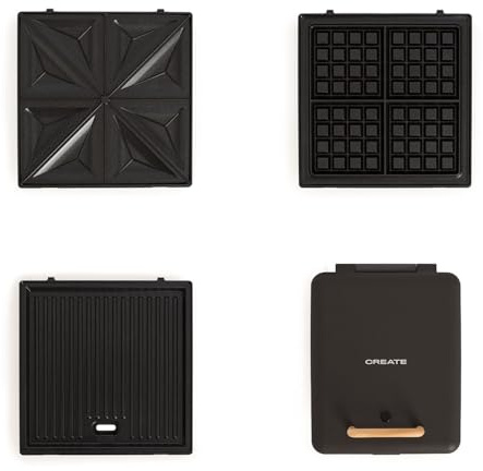 CREATE/STONE STUDIO/Sandwichtoaster und Vierfach-Waffeleisen Schwarz / 3 austauschbare Platten, Antihaftbeschigtung, 180°-Öffnung, 4 Scheiben, automatische Abschaltung, 1600W