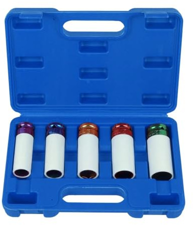 5pcs 1/2-Inch Drive Lug Nut Impact Socket Set,15mm, 17mm, 19mm, 21mm, 22mm | Wheel Socket Set,Thin Wall Deep Reach Metric Impact Driver Sock-et Sets for Car Repair