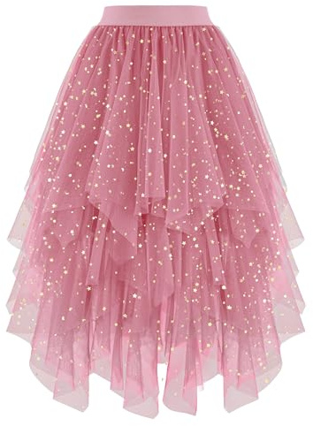 Dressever Damen Unregelmäßiger Tüllrock Mehrschichtiger Mesh Faltenrock A-Linie Hoher Taillierter Rock Ballett Tutu Abschlussball Party Karneval Party Rock Rosa Sequin X-Large