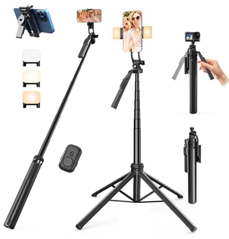 Giecy Phone Tripod for Filming, 71in Extendable Selfie Stick Travel Tripod Phone Holder Aluminum Alloy Tripode with Wireless Remote & Fill Light Compatible with iPhone Android Phone, Camera, GoPro