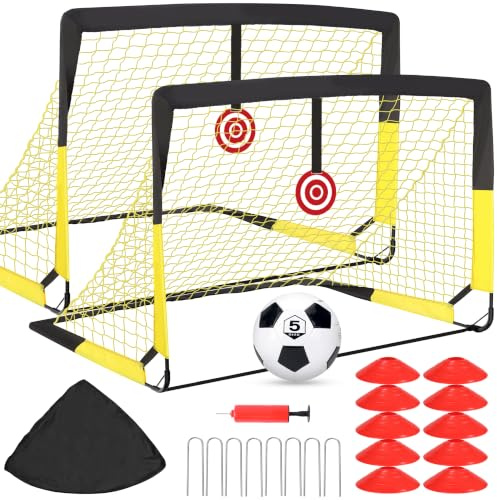 Fußballtor Garten 120x90cm, Fußballtore für Garten Training Set, Fussballtor Outdoor inkl. Fußball, Bullseye, Scheiben & Erdanker, Tolles Fußball Geschenk für Park, Strand