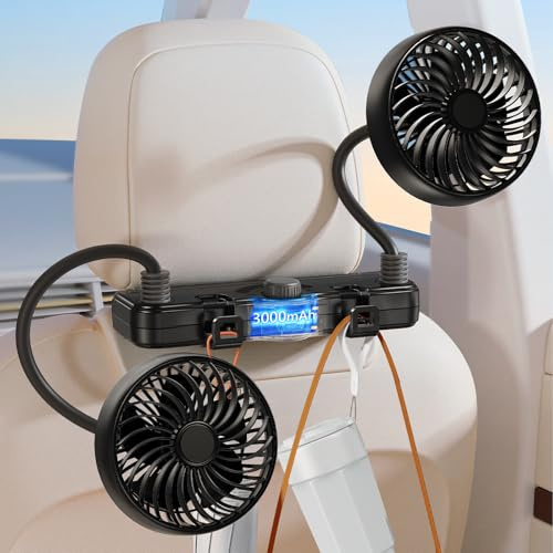 DICMKY Rechargeable Dual Head Gooseneck Car Cooling Fans for Back Seat for Kids, 3000mAh Battery Powered Usb Car Headrest Fan for Baby Rear Facing, Car Seat Cooler That Blow Cold Air for Vehicles