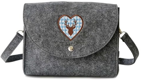 Grau Trachtentasche Damen, Dirndl Tasche Damen mit Blau-Weißem Hirsch Motiv | Oktoberfest Accessoires Damen Umhängetasche, Filz Trachten Tasche mit Stickerei für Oktoberfest Damen Outfit, 22x16.5x4 Cm
