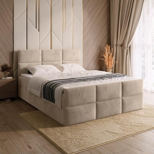BROMARKT Boxspringbett mit Matratze 160x200 Bett mit Bettkasten Hellbeige | Doppelbett mit Staraum Polsterbett mit Topper Bed für Schlafzimmer Kopfteil Freistehende Härtegrad H3 BOSTON DUO